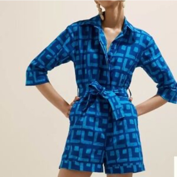 Sika Anthropologie Romper Sz 10‎ Geometric Blue Jumpsuit Belt Resort - Picture 2 of 8